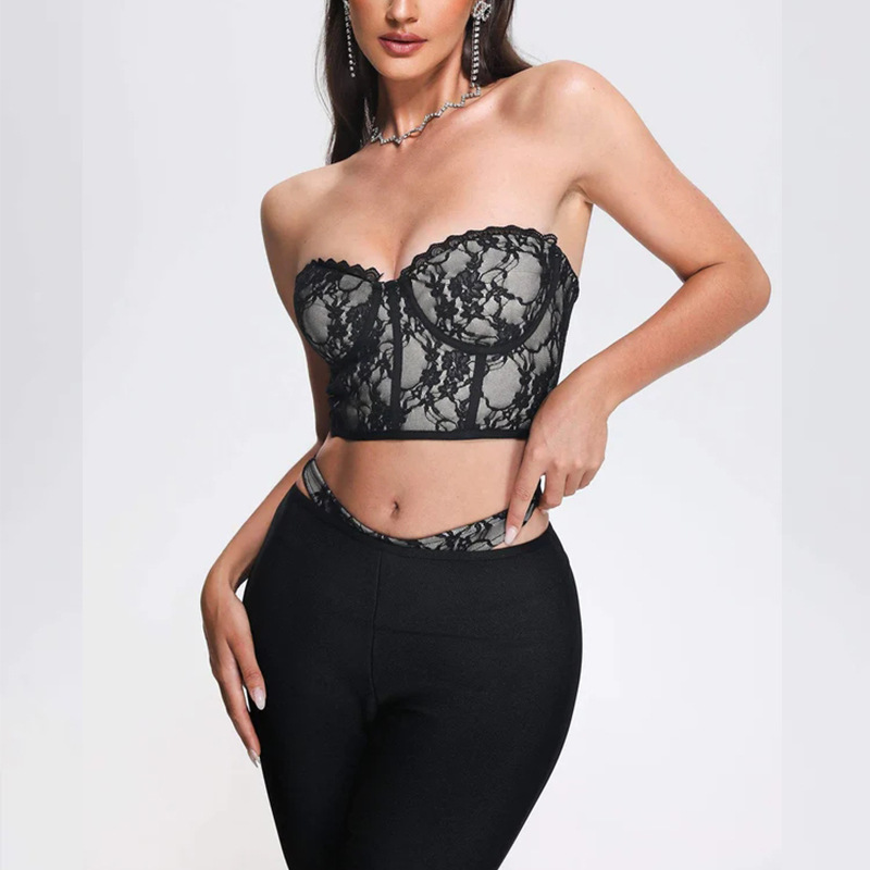 Sexy Black Lace Corset Crop Top & Cutout Bandage Flare Pants Set - Clubwear | Y2K Fashion BA356