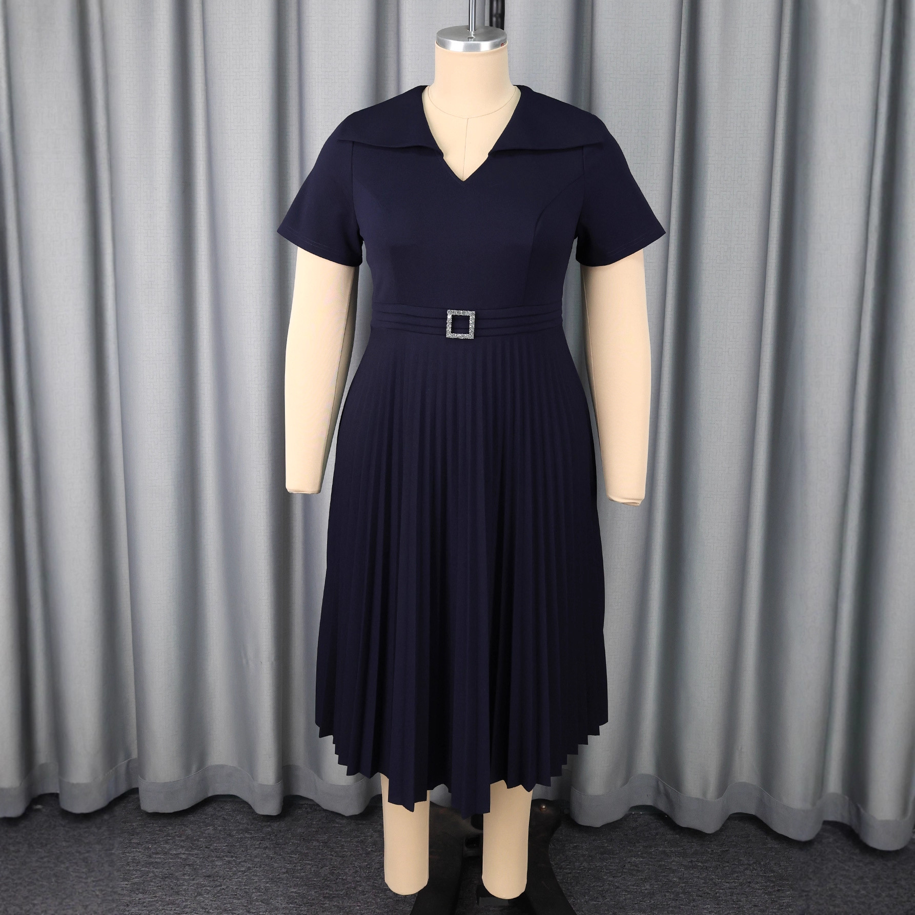 Plus-Sizes Classic Navy Blue  Midi Dress with Pleated Skirt AM050527	-UGENA FASHION