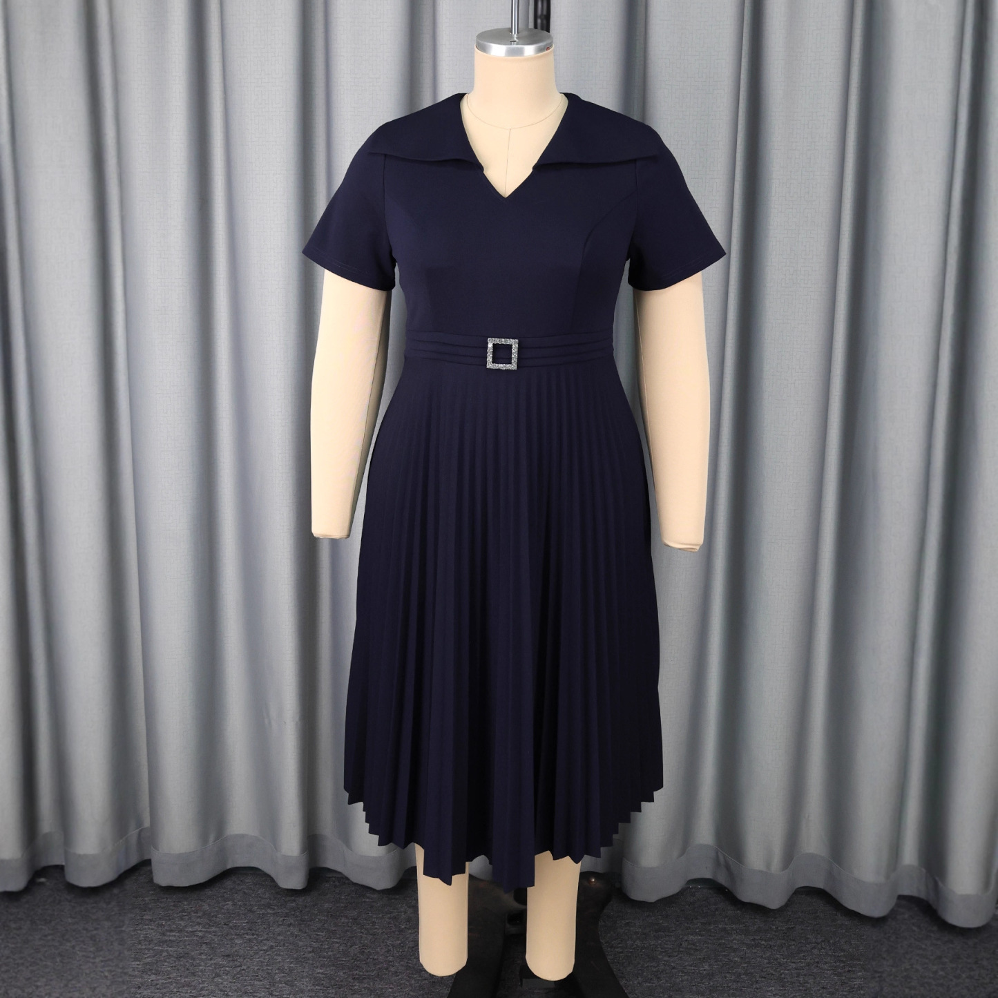 Plus-Sizes Classic Navy Blue  Midi Dress with Pleated Skirt AM050527	-UGENA FASHION