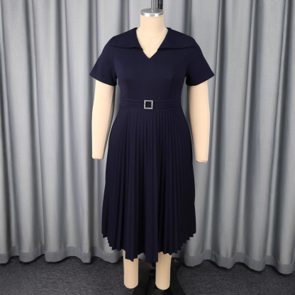 Plus-Sizes Classic Navy Blue  Midi Dress with Pleated Skirt AM050527	-UGENA FASHION
