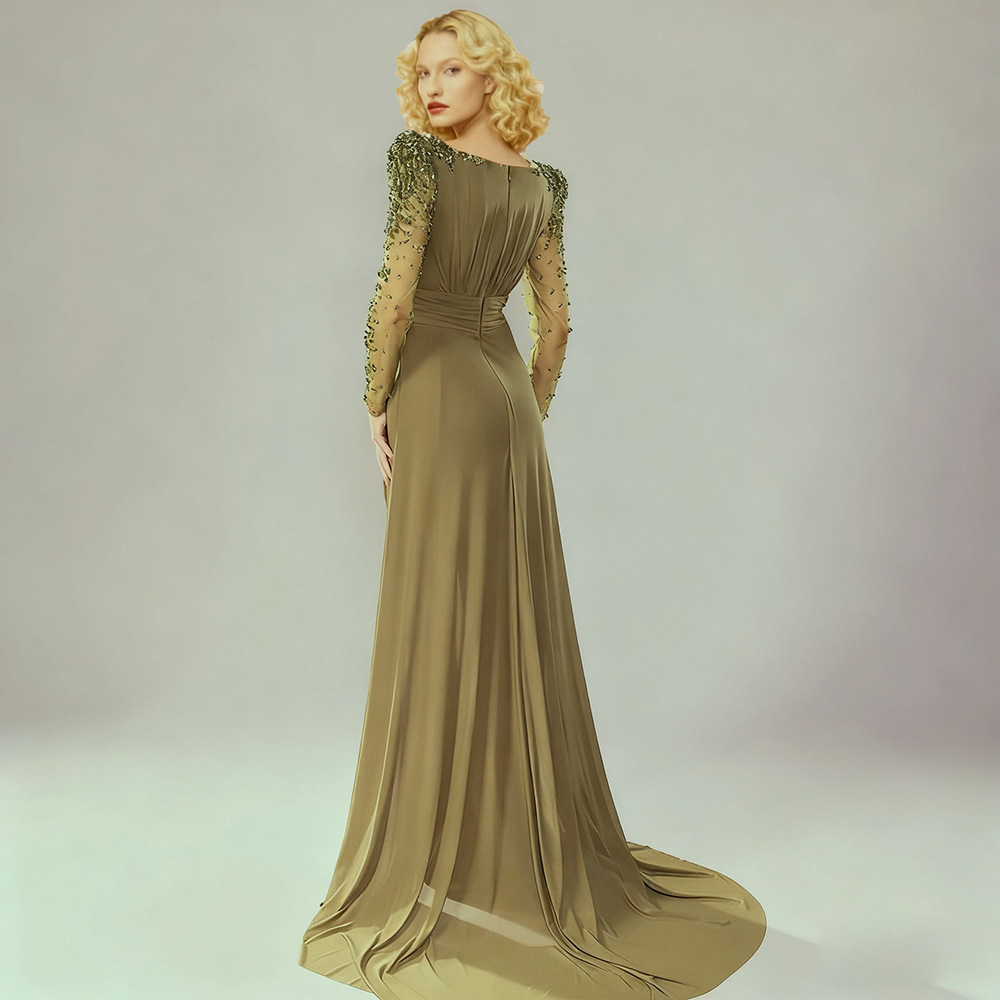 Elegant Olive Green Beaded Long Sleeve Draped Gown 9009