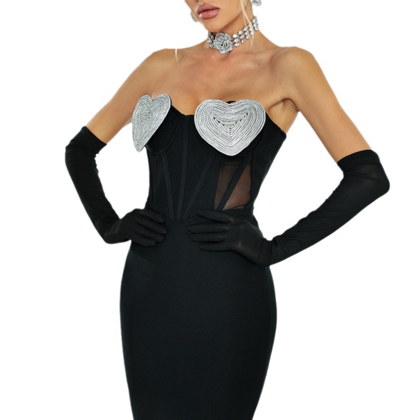 Glam Sequin Heart Bustier Black Bandage Midi Dress - Corset Mesh Panel BA423
