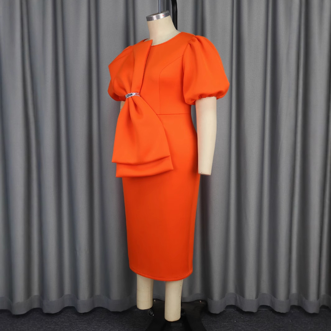 Plus-Sizes Women's Elegant Orange Bowknot Pencil Dress Available AM050114	-UGENA FASHION