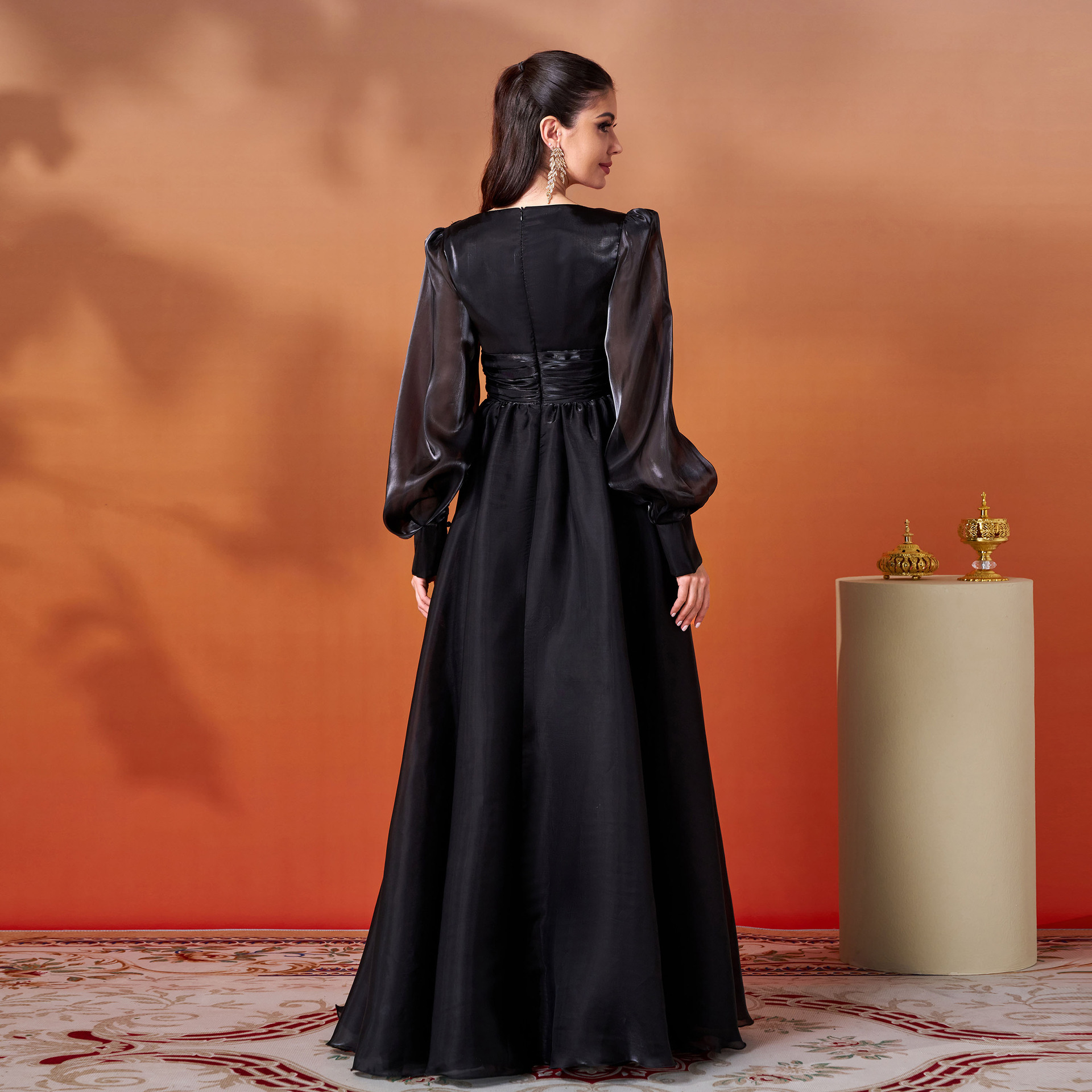 Elegant Black V-Neck Long Sleeve Chiffon A-Line Formal Gown with Beaded Detail dh80456
