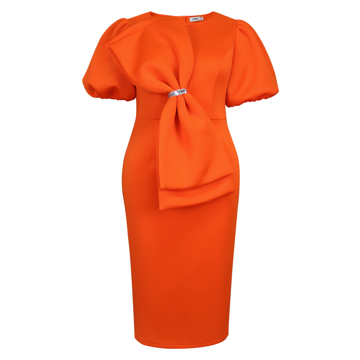 Plus-Sizes Women's Elegant Orange Bowknot Pencil Dress Available AM050114	-UGENA FASHION