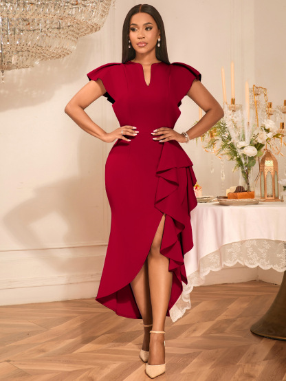 Plus-Sizes High-Low Ruffle Asymmetrical Dress - Elegant V-Neck Formal Sheath Gown with Ruffle Hem AM050505	-UGENA FASHION