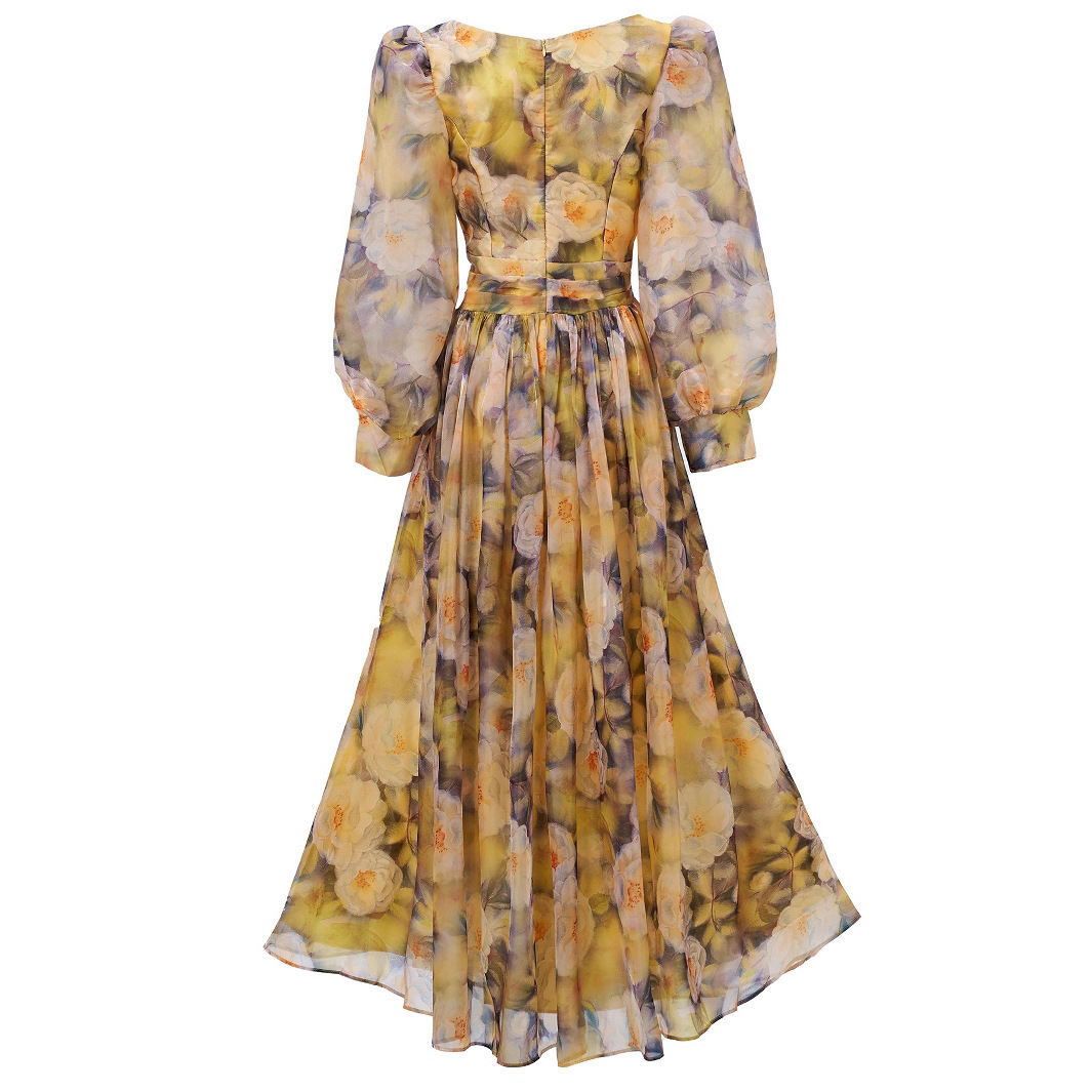 Yellow Floral Print Chiffon Maxi Dress | V-Neck Long Puff Sleeve Gown with 3D Waist Flower Detail | Elegant Retro Summer Wedding Guest Dress qc21