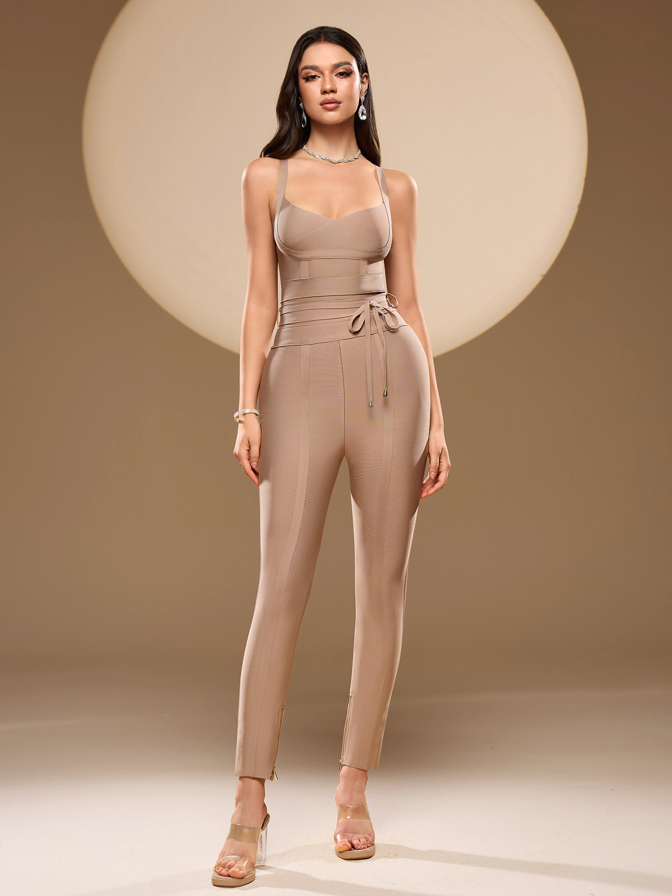 Nude Bandage Bodycon Jumpsuit - Drawstring Waist Sleeveless Jumpsuit with Ankle Zippers BD028