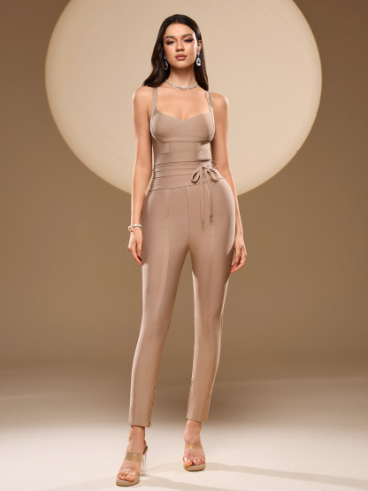 Nude Bandage Bodycon Jumpsuit - Drawstring Waist Sleeveless Jumpsuit with Ankle Zippers BD028