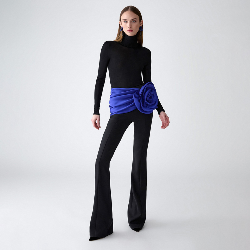 Black High Neck Long Sleeve Bodysuit & Trouser Set with Blue 3D Rose Corset Belt BD2665