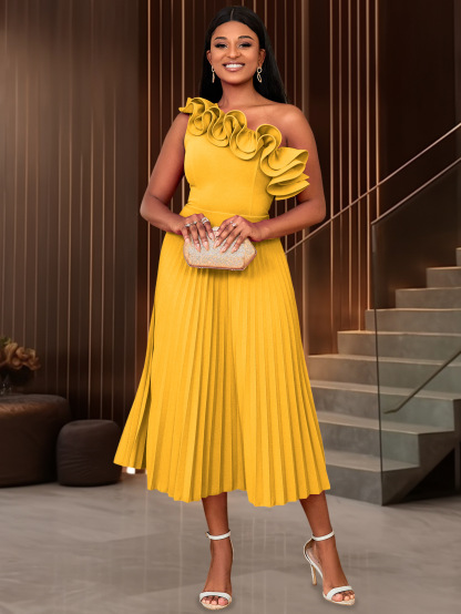 Plus-Sizes High Neck Sheath Pencil Dress with Asymmetrical Ruffle Skirt - Elegant Formal Business Gown AM030113	-UGENA FASHION