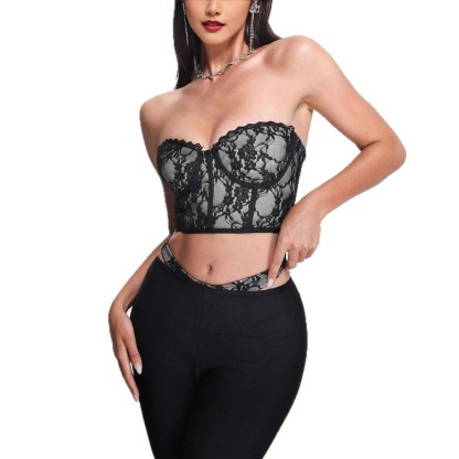 Sexy Black Lace Corset Crop Top & Cutout Bandage Flare Pants Set - Clubwear | Y2K Fashion BA356