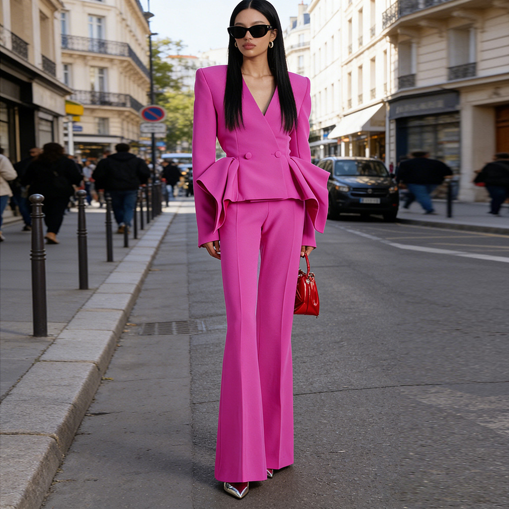 Elegant Fuchsia Peplum Blazer & Flare Pants Set - High-Fashion Double Breasted Ruffle Waist Suit for Women - Formal Evening & Runway Two-Piece Outfit 3012