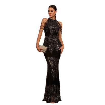 Luxury Black Halter Sequin Mermaid Gown with Dramatic Beaded Shoulder Chains gm00834