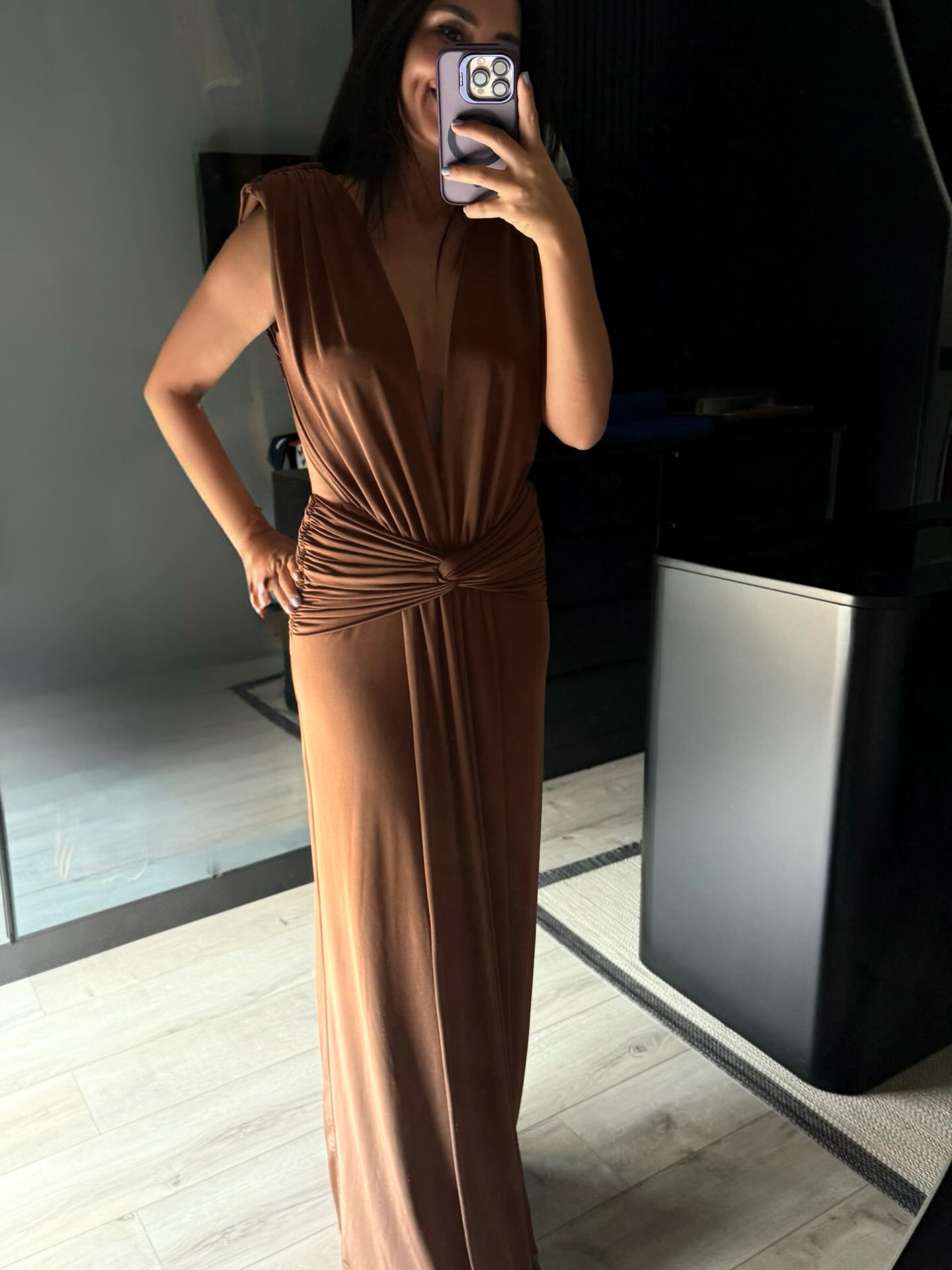 Bronze Goddess Deep V-Neck Draped Maxi Dress - Sultry Sleeveless Backless Ruched Evening Gown for Summer Soirée BD2673