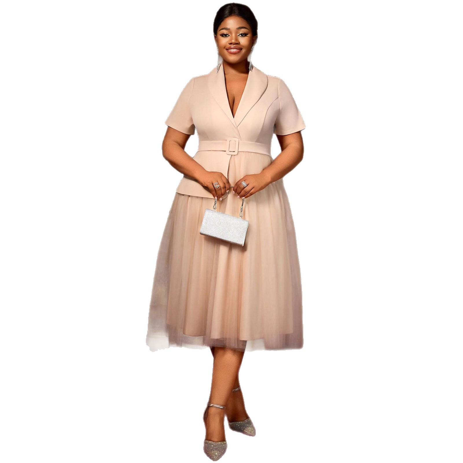 Plus-Sizes Chic Belted Peplum Mesh Dress - Elegant  Formal Gown AM050443	-UGENA FASHION