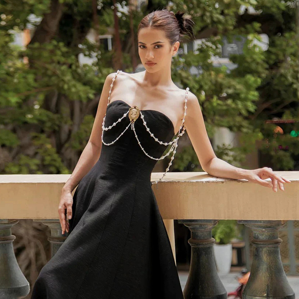 Elegant Black Midi Dress with Pearl Straps - Vintage Sweetheart Neckline Cocktail Gown for Women Z0026