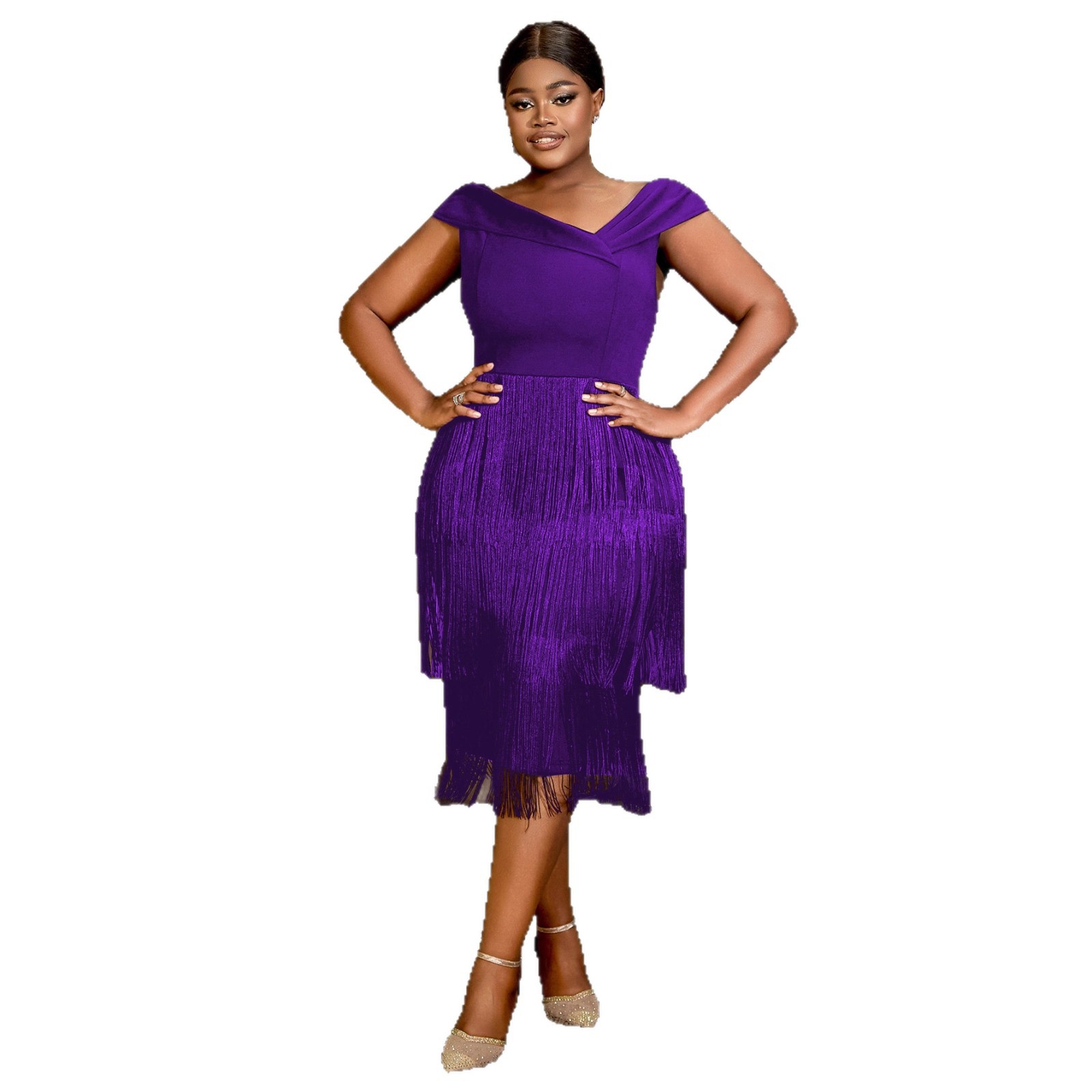 Plus-Sizes Off-Shoulder Fringe Detail Cocktail Dress AM041114-UGENA FASHION