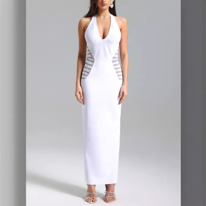 Elegant White Prom Dress: Halter Neck Sequin Mesh Evening Gown BA447