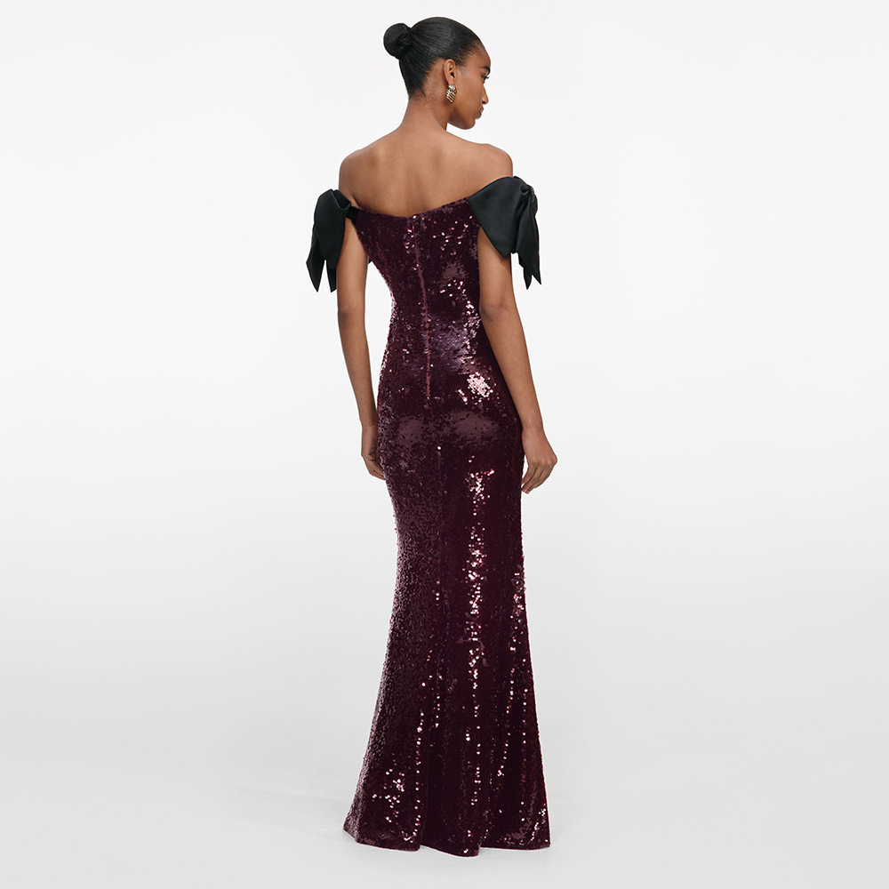 Elegant Wine Red Sequin Off-the-Shoulder Evening Gown - Formal Maxi Dress with Oversized Black Bow Sleeves for Gala & Prom Z0044