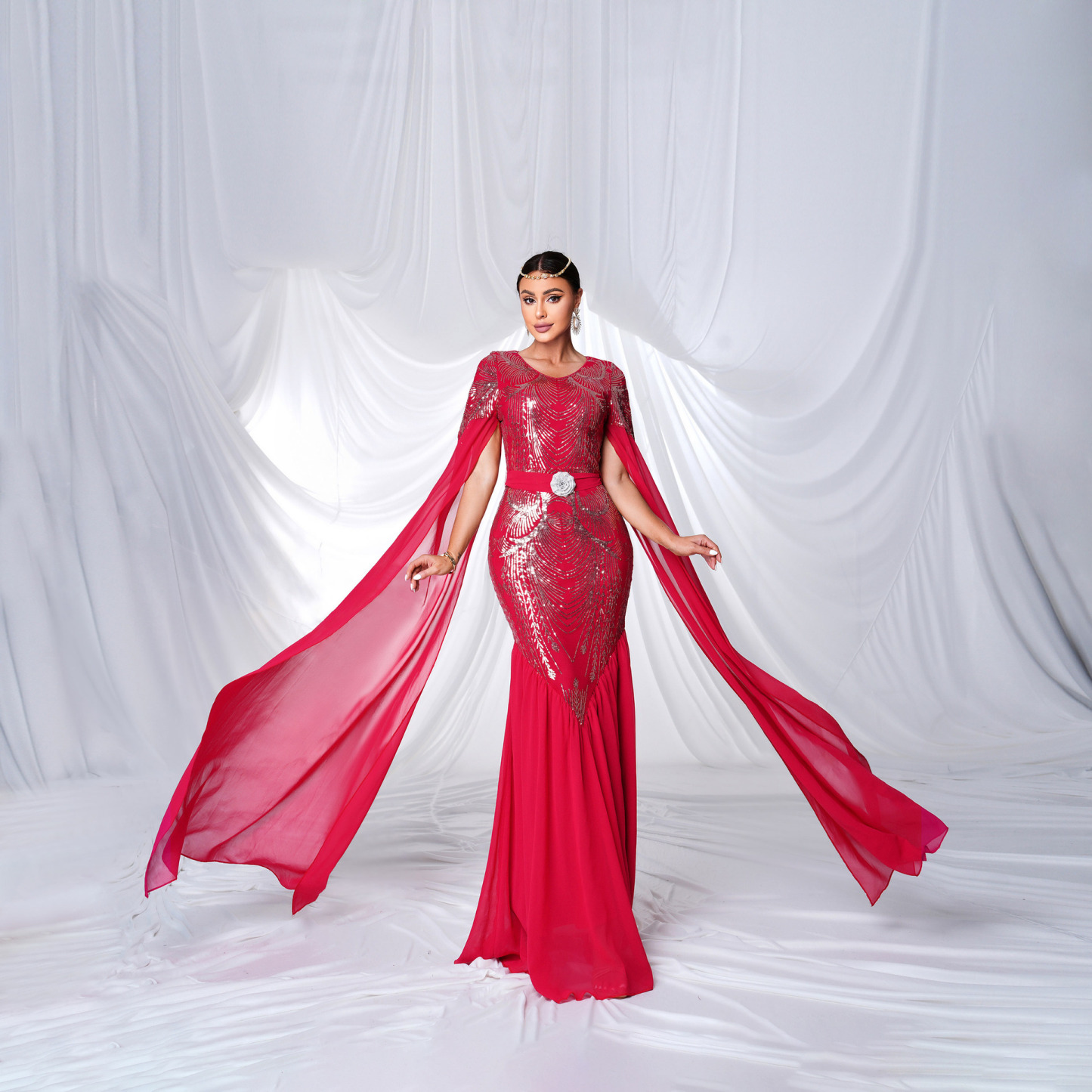 Regal Red Sequin Mermaid Gown with Flowing Cape Sleeves | Modest Arabic Kaftan Formal Dress mes00430