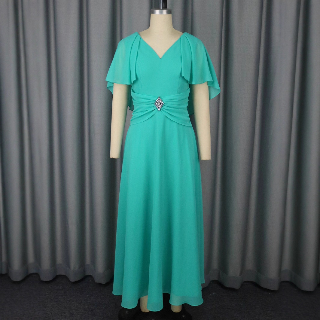 Plus-Sizes Elegant V-Neck Chiffon Dress with Rhinestone Detail AM050534	-UGENA FASHION