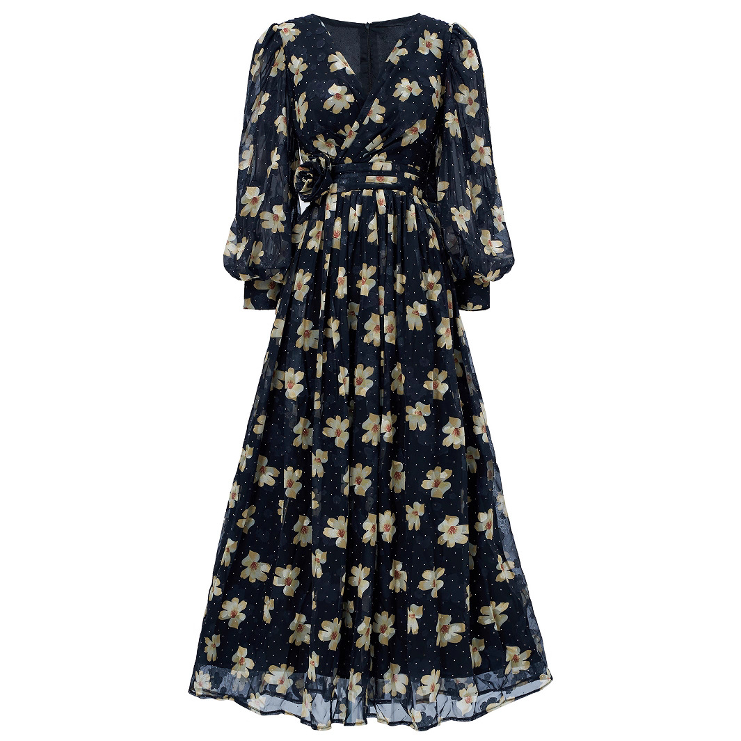 Navy Floral & Polka Dot Chiffon Maxi Dress | Vintage V-Neck Long Puff Sleeve Gown with Ruched Waist | Fall/Winter Formal Occasion Wear qc22