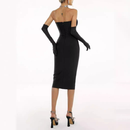 Glam Sequin Heart Bustier Black Bandage Midi Dress - Corset Mesh Panel BA423