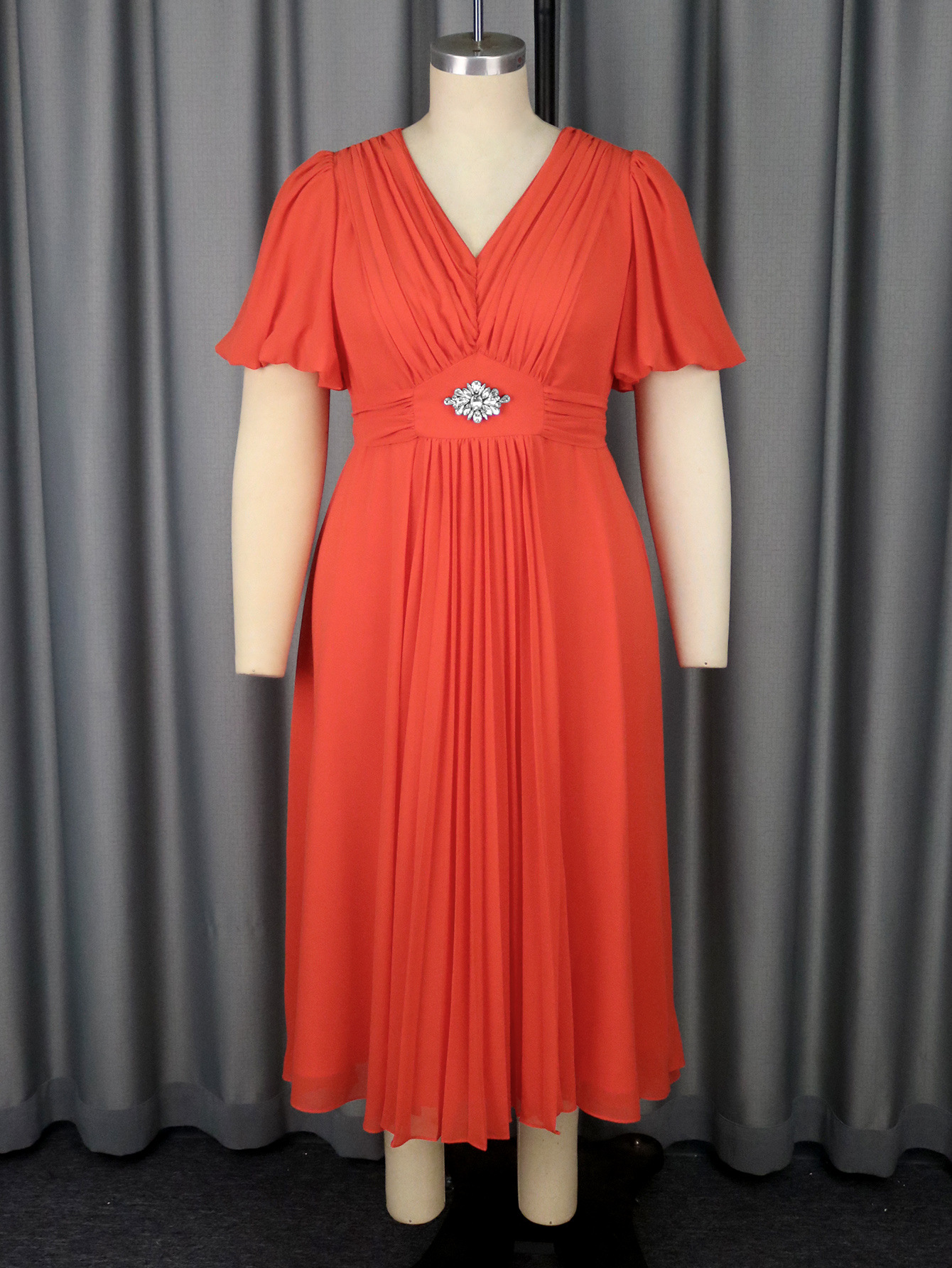Plus-Sizes Elegant Flutter Sleeve Dress with Rhinestone Detail AM050506-UGENA FASHION