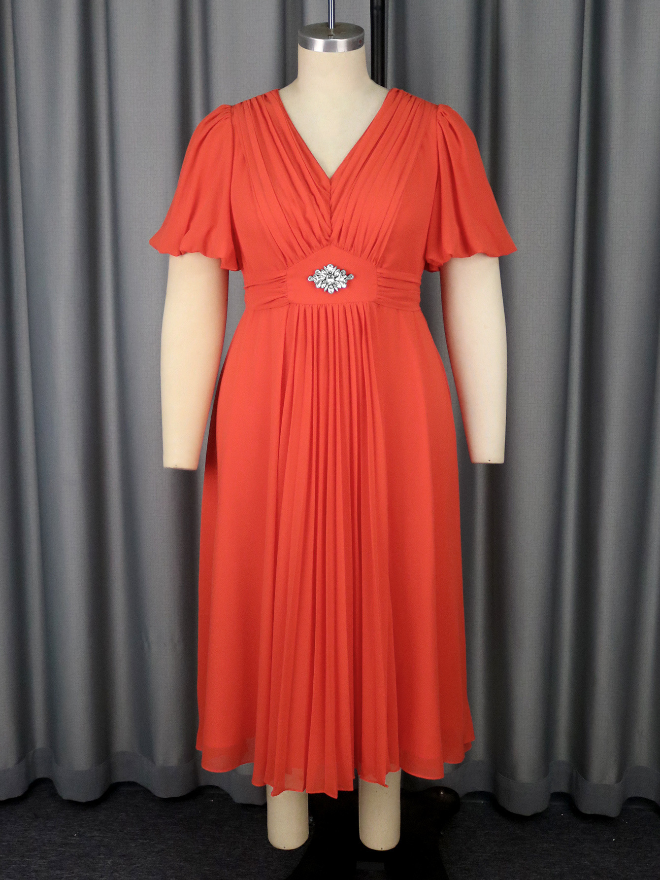Plus-Sizes Elegant Flutter Sleeve Dress with Rhinestone Detail AM050506-UGENA FASHION