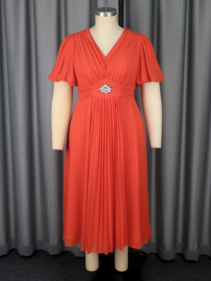 Plus-Sizes Elegant Flutter Sleeve Dress with Rhinestone Detail AM050506-UGENA FASHION