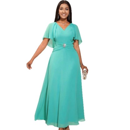 Plus-Sizes Elegant V-Neck Chiffon Dress with Rhinestone Detail AM050534	-UGENA FASHION