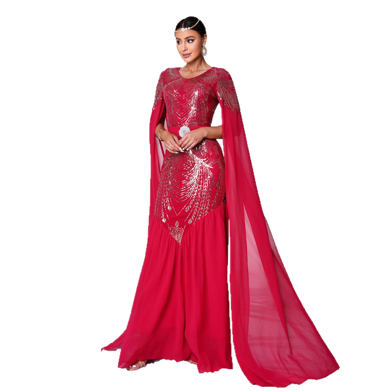 Regal Red Sequin Mermaid Gown with Flowing Cape Sleeves | Modest Arabic Kaftan Formal Dress mes00430