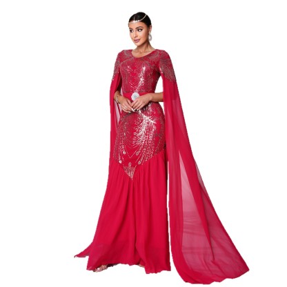 Regal Red Sequin Mermaid Gown with Flowing Cape Sleeves | Modest Arabic Kaftan Formal Dress mes00430