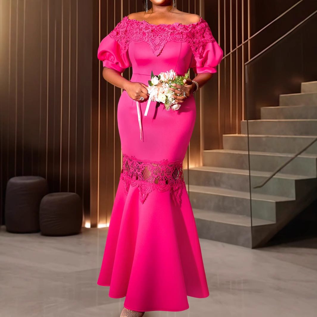 Plus-Sizes Elegant Off-Shoulder Mermaid Gown with Lace Trim - Fuchsia Bodycon Formal Dress AM041010	-UGENA FASHION