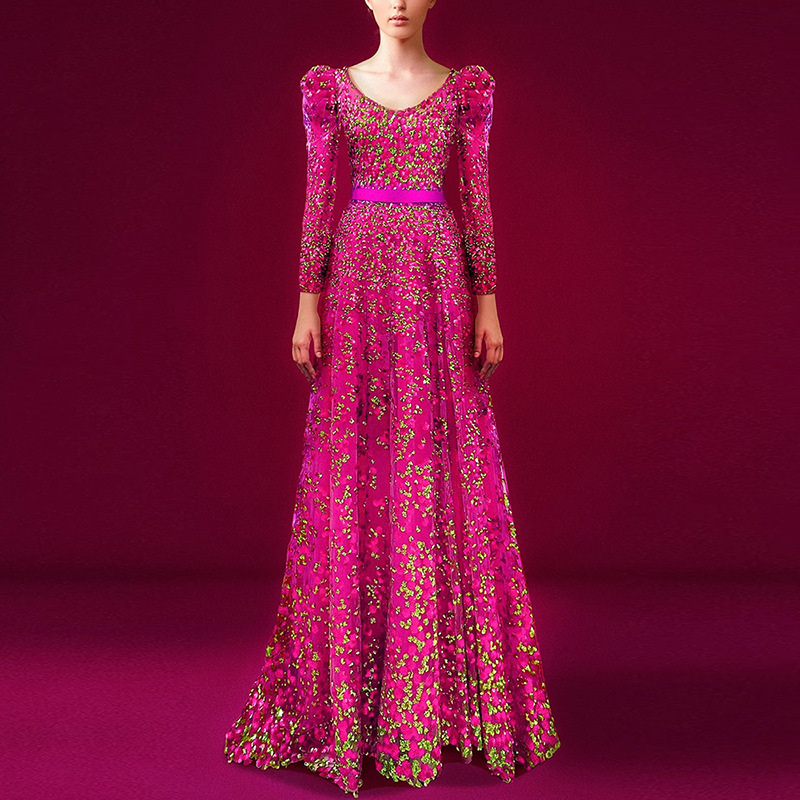 Glamorous Fuchsia Sequin Long Sleeve Evening Gown - Elegant V-Neck Puffed Shoulder Formal Prom Dress with Waist Belt 9105