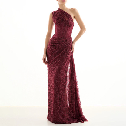 Luxurious One-Shoulder Wine Red Lace Gown - Asymmetric Corset Style Ruched Maxi Dress BD2677