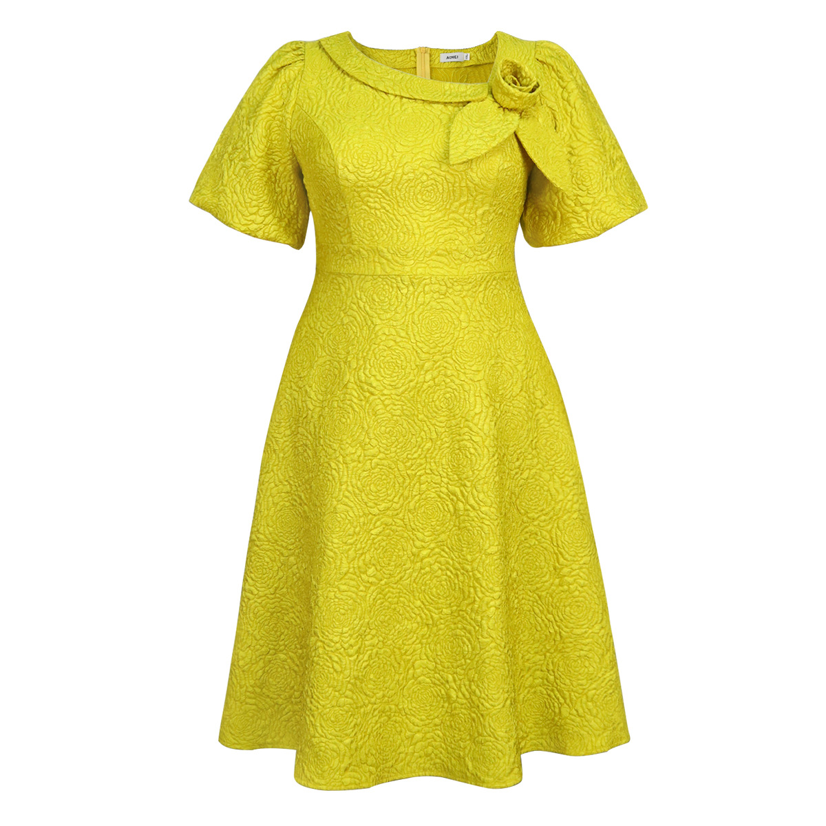 Plus-Sizes Elegant Jacquard Rose A-line Dress with Asymmetric Bow Neckline - Perfect for Wedding & Cocktail Parties AM040856	-UGENA FASHION