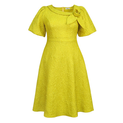 Plus-Sizes Elegant Jacquard Rose A-line Dress with Asymmetric Bow Neckline - Perfect for Wedding & Cocktail Parties AM040856	-UGENA FASHION