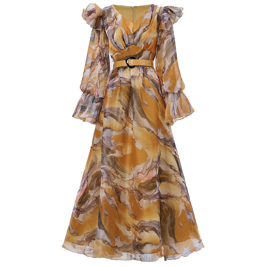Maxi Chiffon Ruffle Dress with Belt | Yellow Marbled Print V-Neck Long Sleeve Flowy Boho Gown | Elegant Summer/Fall Occasion Wear for Women  qc17