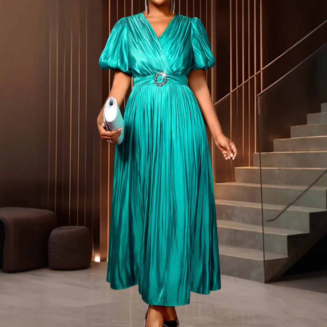 Plus-Sizes Glamorous V-Neck Metallic Pleated Maxi Dress with Buckle Belt - Puff Sleeve Elegant Party Gown AM050346	-UGENA FASHION