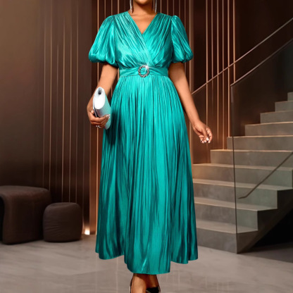 Plus-Sizes Glamorous V-Neck Metallic Pleated Maxi Dress with Buckle Belt - Puff Sleeve Elegant Party Gown AM050346	-UGENA FASHION