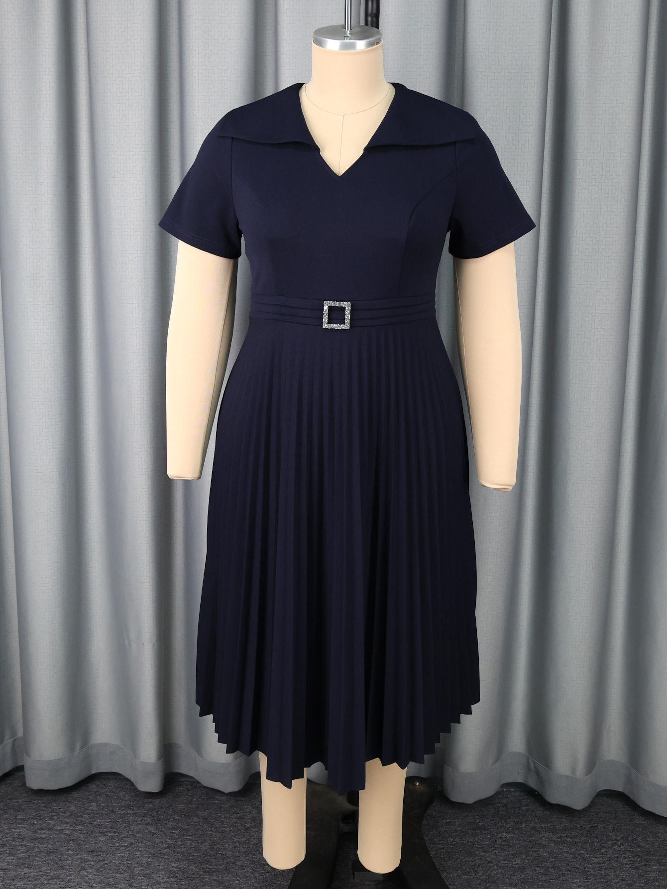 Plus-Sizes Classic Navy Blue  Midi Dress with Pleated Skirt AM050527	-UGENA FASHION