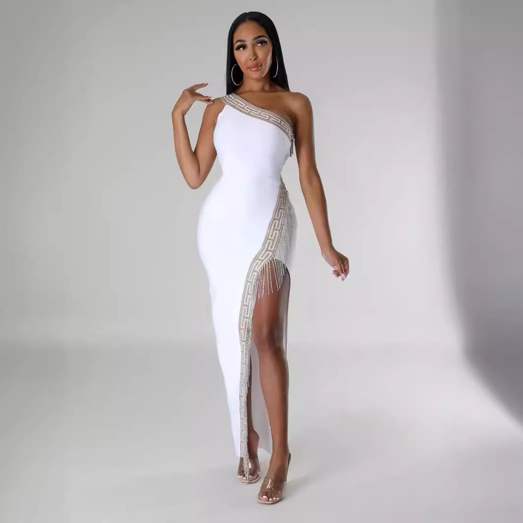 Elegant One-Shoulder Greek Key Trim Maxi Dress with Crystal Fringe Slit BA349