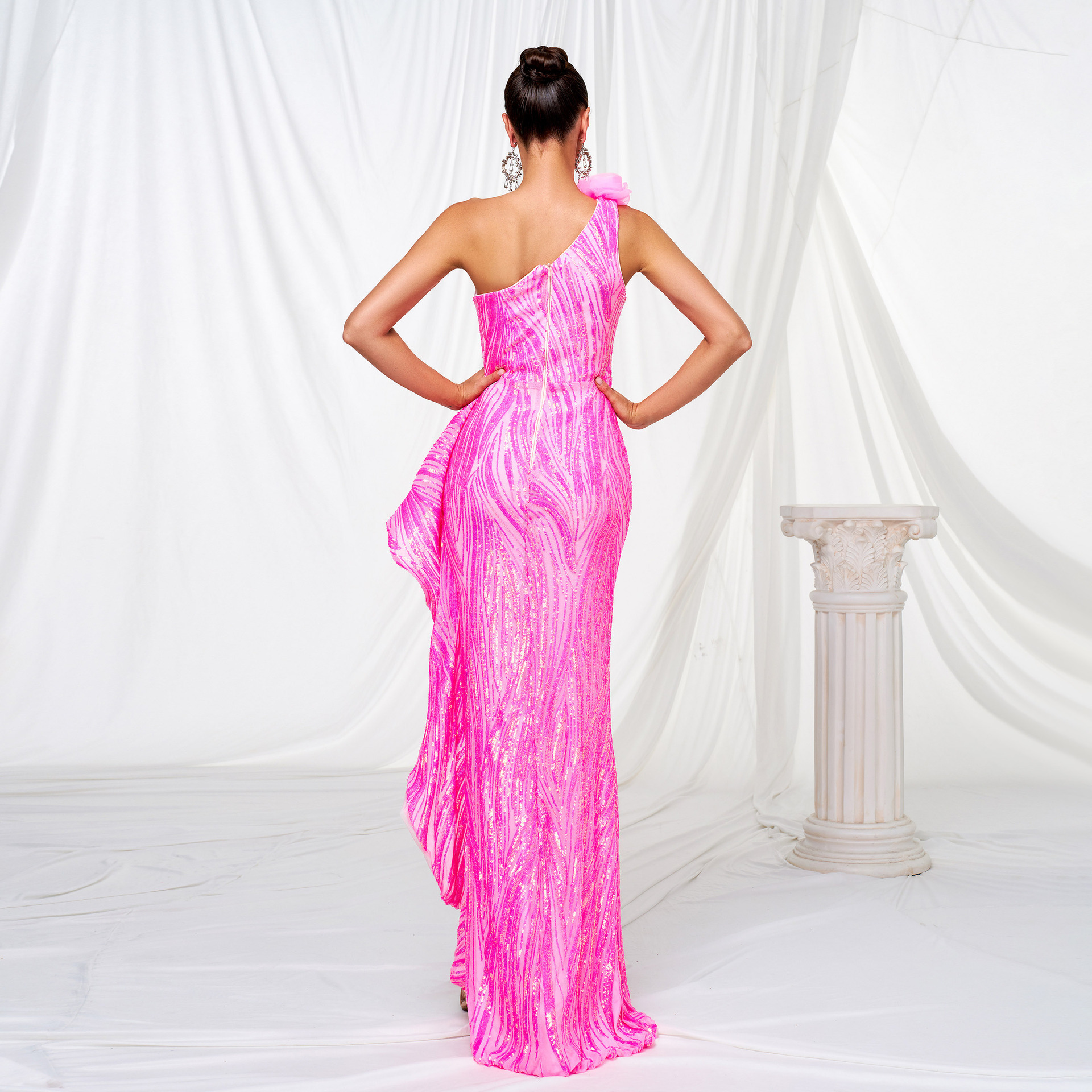 Dazzling Neon Pink One-Shoulder Sequin Gown with High Slit and Ruffle Detail gm00079
