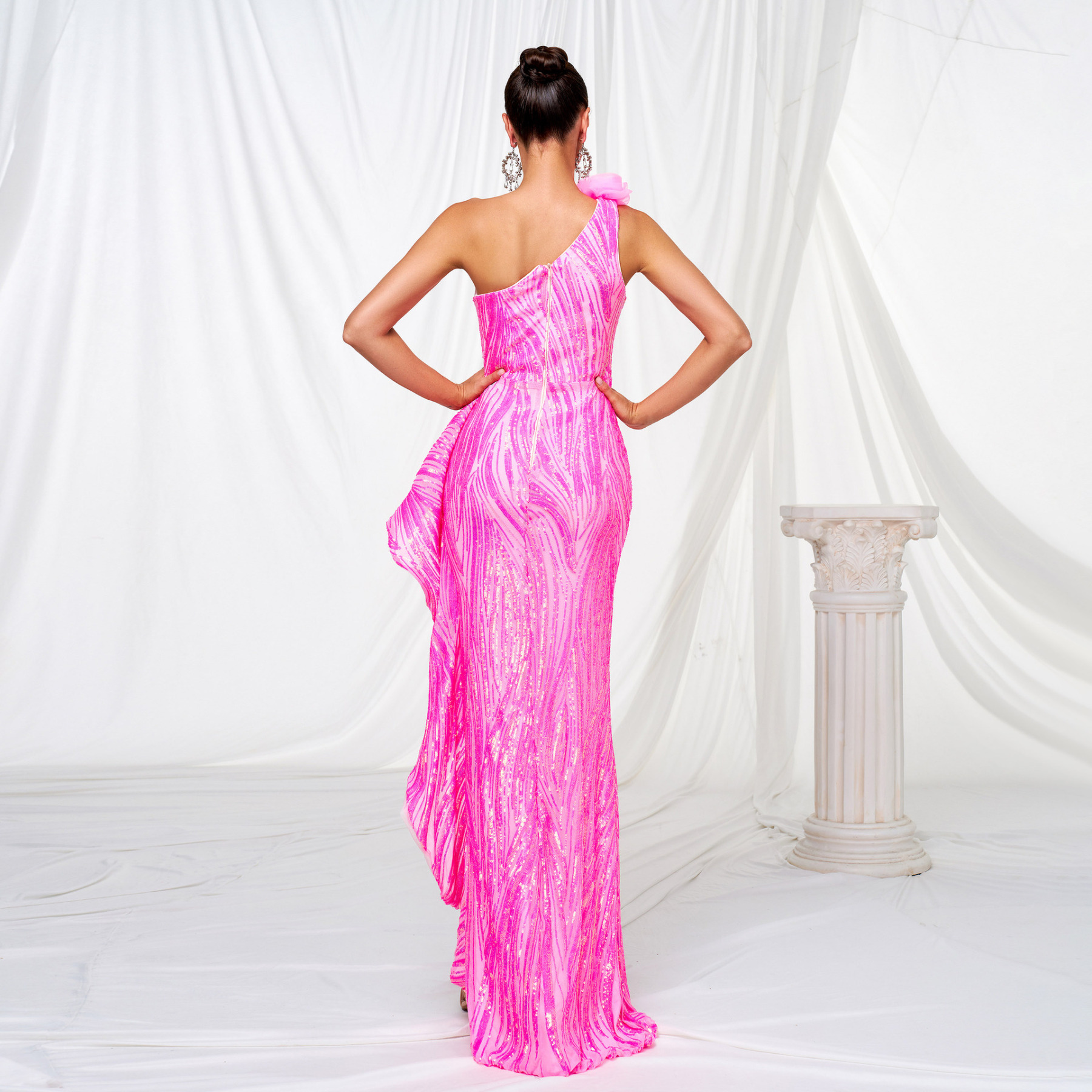 Dazzling Neon Pink One-Shoulder Sequin Gown with High Slit and Ruffle Detail gm00079