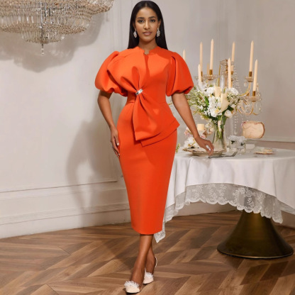 Plus-Sizes Women's Elegant Orange Bowknot Pencil Dress Available AM050114	-UGENA FASHION