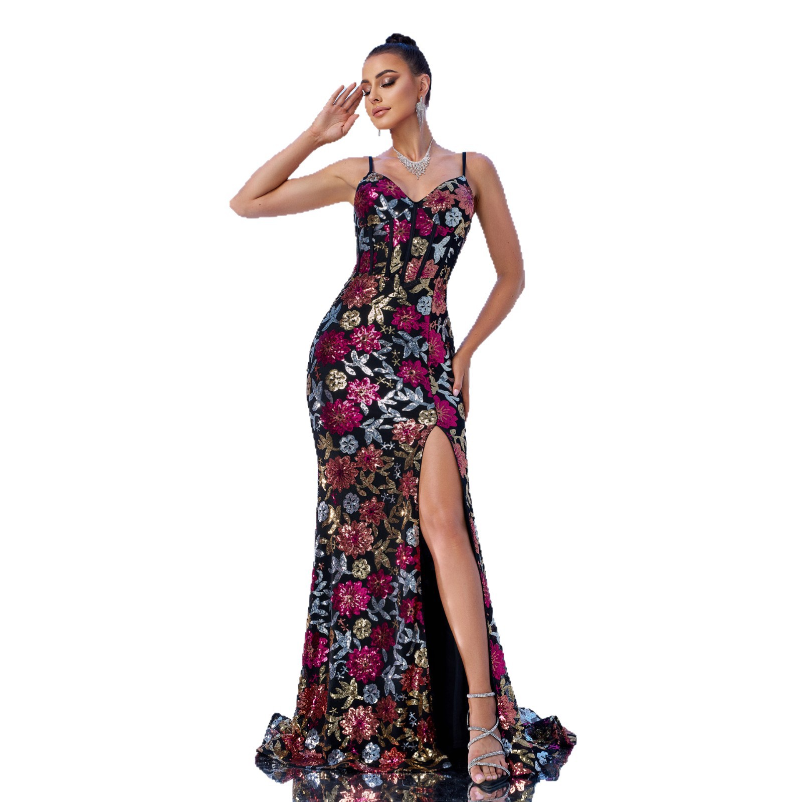 Multi-Color Floral Sequin Gown | Black Base Spaghetti Strap High Slit Dress rj11980