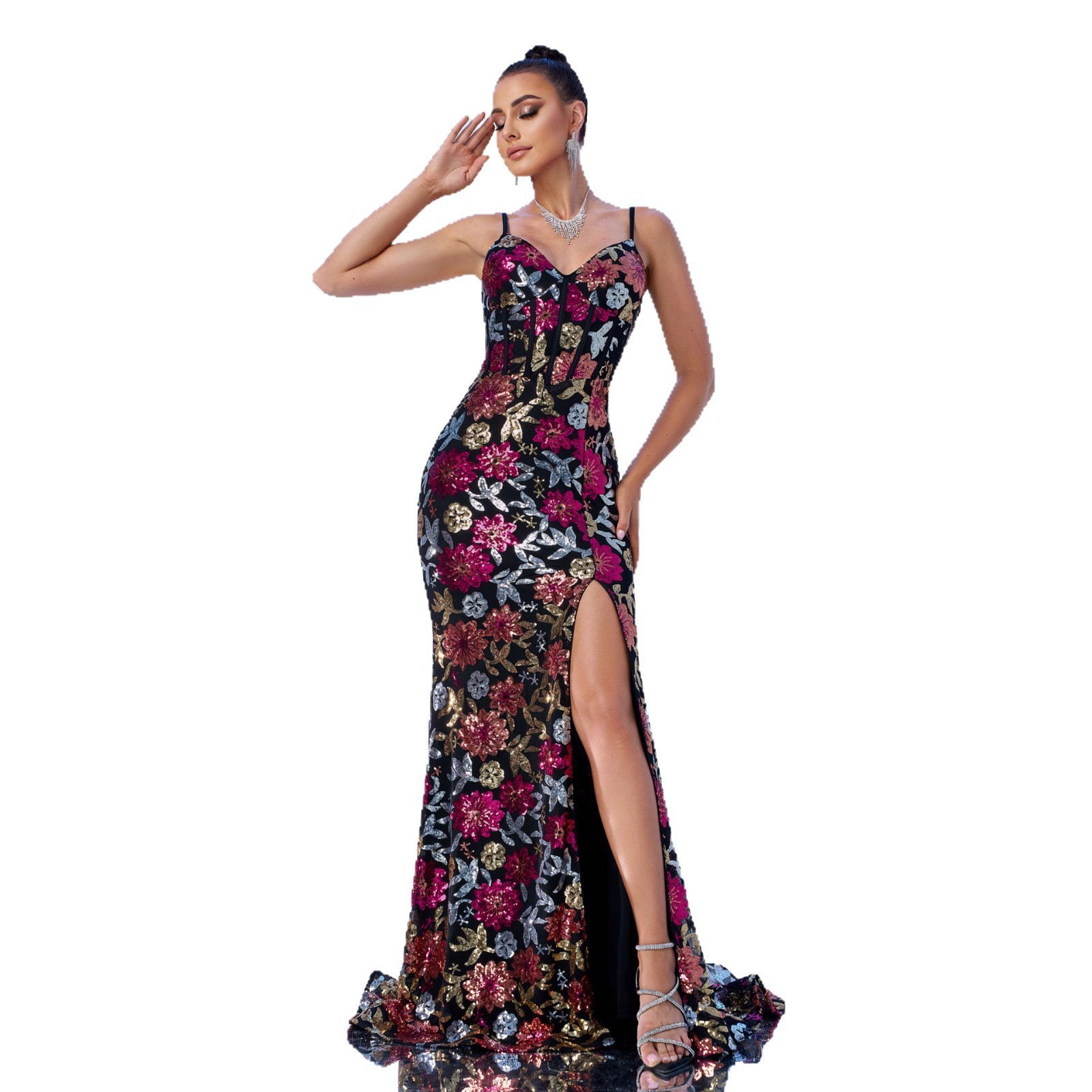 Multi-Color Floral Sequin Gown | Black Base Spaghetti Strap High Slit Dress rj11980