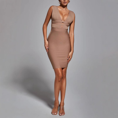 Taupe Plunge V-Neck Bandage Mini Dress - Pleated Cutout Waist Bodycon Dress BA336